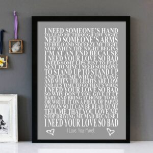 "I Need Your Love So Bad" Fleetwood Mac - Framed Lyrics Wall Art Design