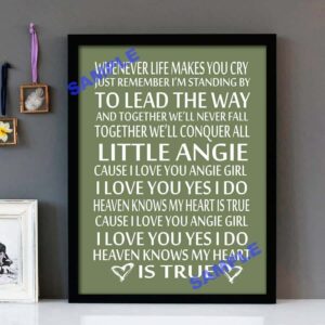 "Angie Girl" Stevie Wonder - Framed Lyrics Wall Art Design