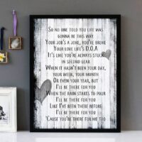 Framed wall art with black text of the song lyrics from I'll Be There For You by The Remembrandts, with a distressed wooden boards background.