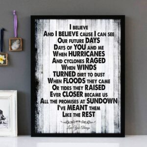 Framed wall art with black text of the song lyrics from Future Days by the band Pearl Jam, on a distressed wooden boards background.