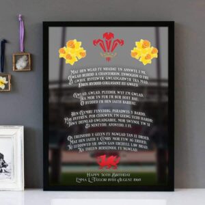 Framed wall art with white text of the song lyrics of the Welsh National Anthem with the Principality Stadium in the background.