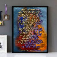 Framed wall art with yellow and purple text of the song lyrics of Good Riddance by the band Green Day, with a guitar in the background.
